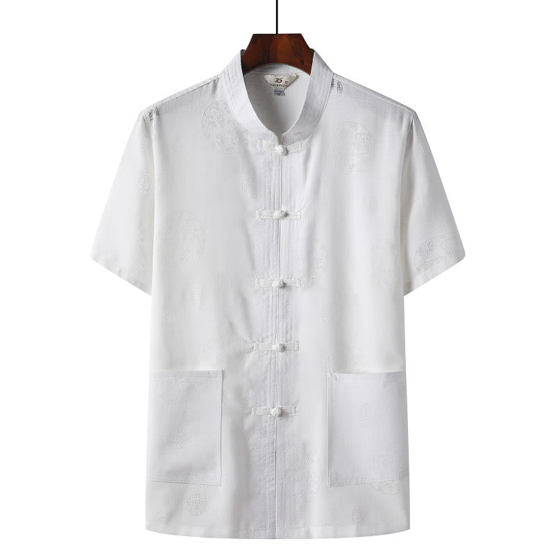 Chemise à manches courtes en lin avec poches et boutons en forme de grenouille et de Buddha Stones - Blanc - Dragon - US/UK/AU46，EU56 (4XL)  - image 8