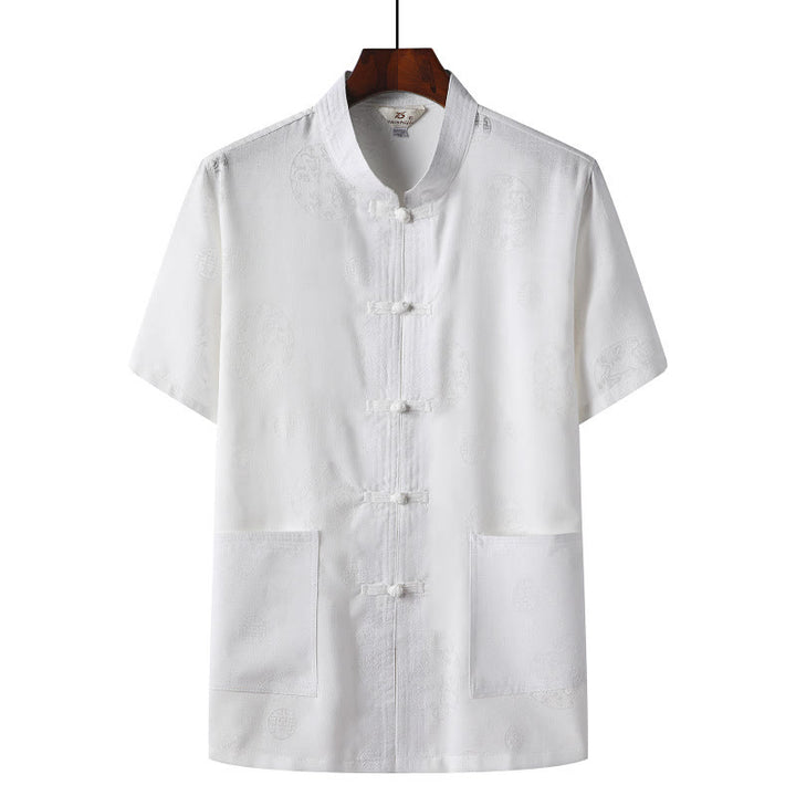 Chemise à manches courtes en lin avec poches et boutons en forme de grenouille et de Buddha Stones - Blanc - Dragon - US/UK/AU46，EU56 (4XL)  - image 8