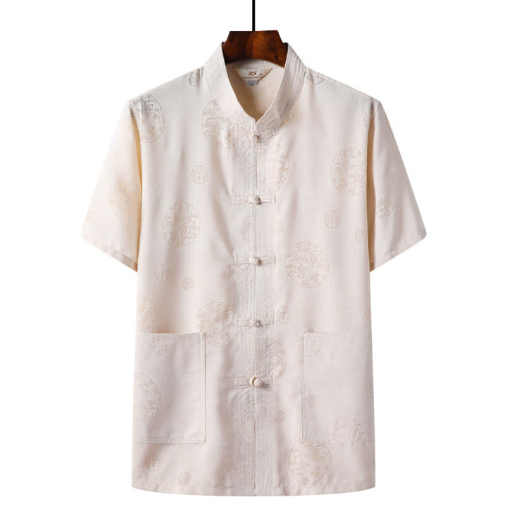 Chemise à manches courtes en lin avec poches et boutons en forme de grenouille et de Buddha Stones - Jaune clair - Dragon - US/UK/AU46，EU56 (4XL)  - image 6