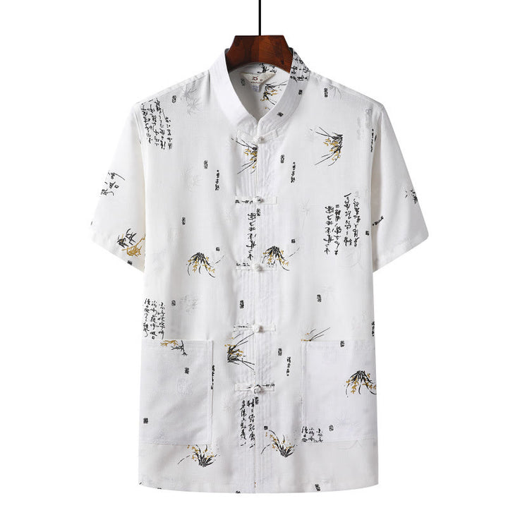 Chemise à manches courtes en lin avec poches et boutons en forme de grenouille et de Buddha Stones - Blanc - Feuille de bambou - US/UK/AU46，EU56 (4XL)  - image 13
