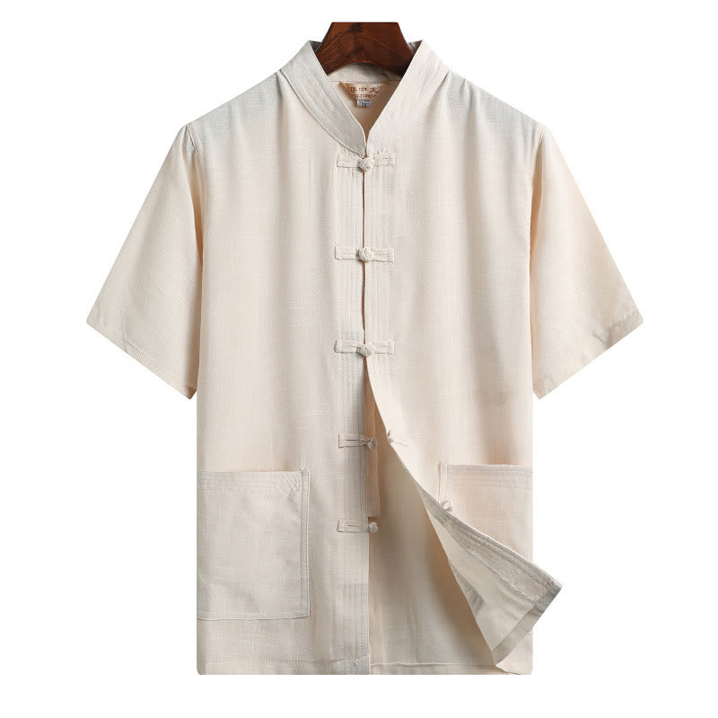 Chemise à manches courtes en lin avec poches et boutons en forme de grenouille et de Buddha Stones - Jaune clair - Couleur unie - US/UK/AU46，EU56 (4XL)  - image 14