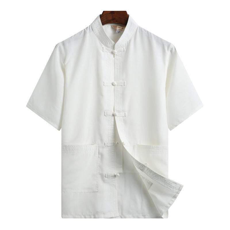 Chemise à manches courtes en lin avec poches et boutons en forme de grenouille et de Buddha Stones - Blanc - Couleur unie - US/UK/AU46，EU56 (4XL)  - image 16