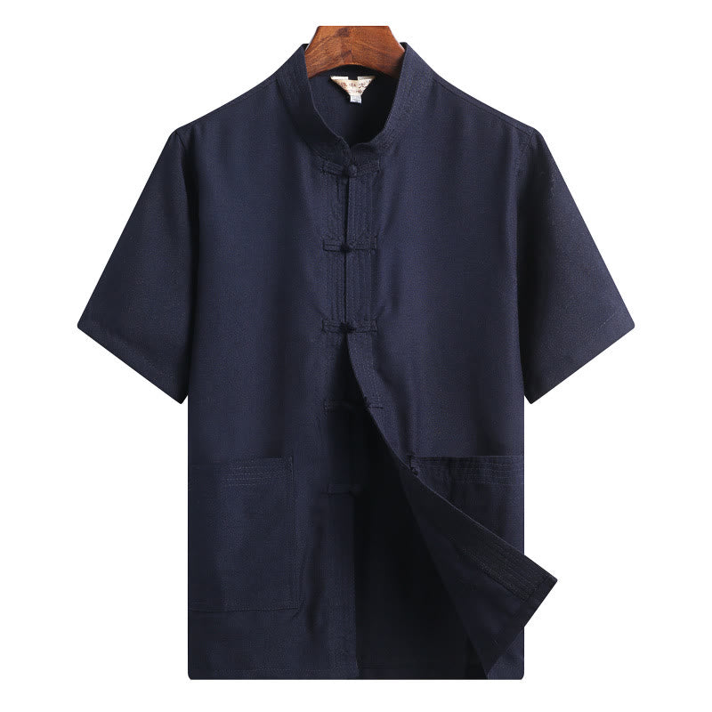 Chemise à manches courtes en lin avec poches et boutons en forme de grenouille et de Buddha Stones - Bleu acier - Couleur unie - US/UK/AU46，EU56 (4XL)  - image 17