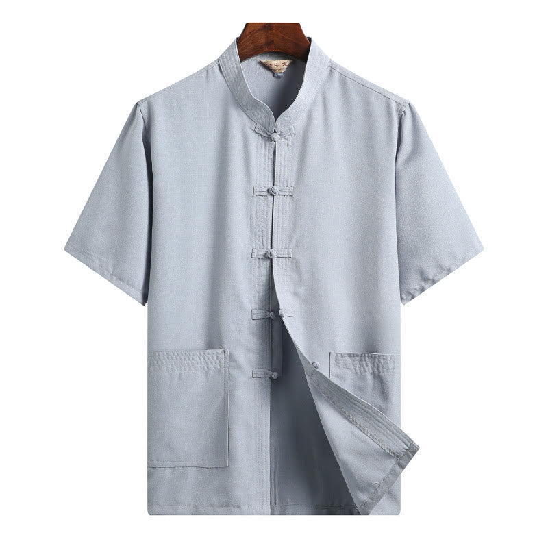 Chemise à manches courtes en lin avec poches et boutons en forme de grenouille et de Buddha Stones - Bleu clair - Couleur unie - US/UK/AU46，EU56 (4XL)  - image 15