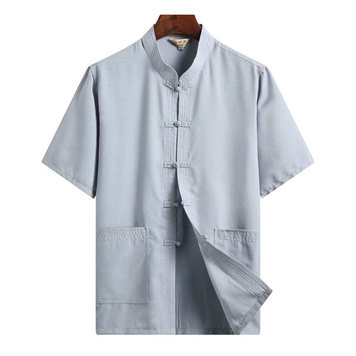 Chemise à manches courtes en lin avec poches et boutons en forme de grenouille et de Buddha Stones - Bleu clair - Couleur unie - US/UK/AU46，EU56 (4XL)  - image 15