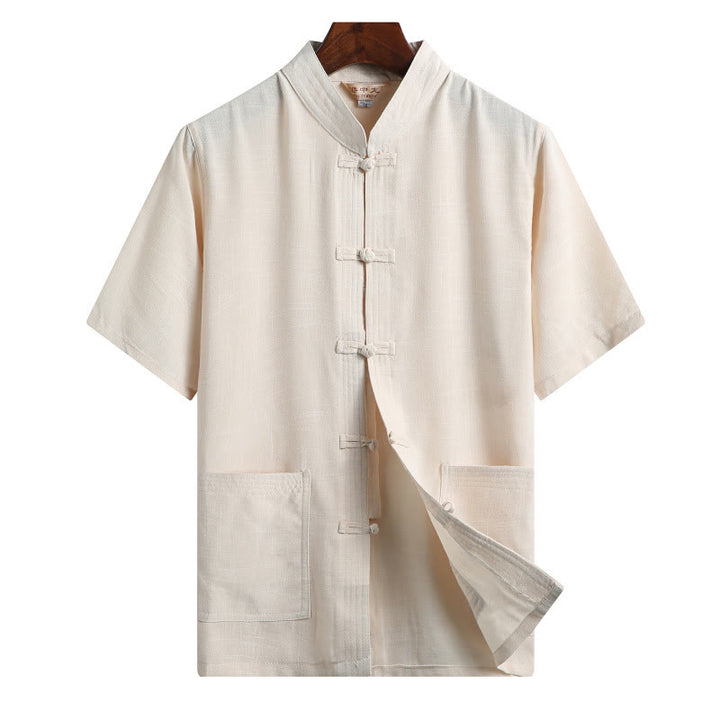 Chemise à manches courtes en lin avec poches et boutons en forme de grenouille et de Buddha Stones - Jaune clair - Couleur unie - US/UK/AU46，EU56 (4XL)  - image 14