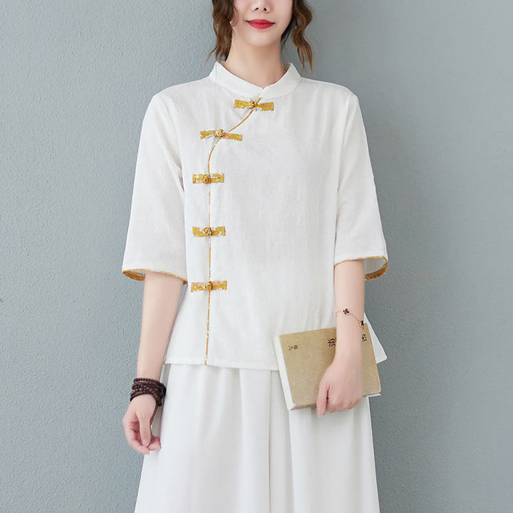 Chemise en coton et lin à manches mi-longues et boutons grenouille à motif floral Buddha Stones - Blanc - 2XL(convient aux tailles US8-10 ; UK/AU12-14 ; EU40-42) - image 3