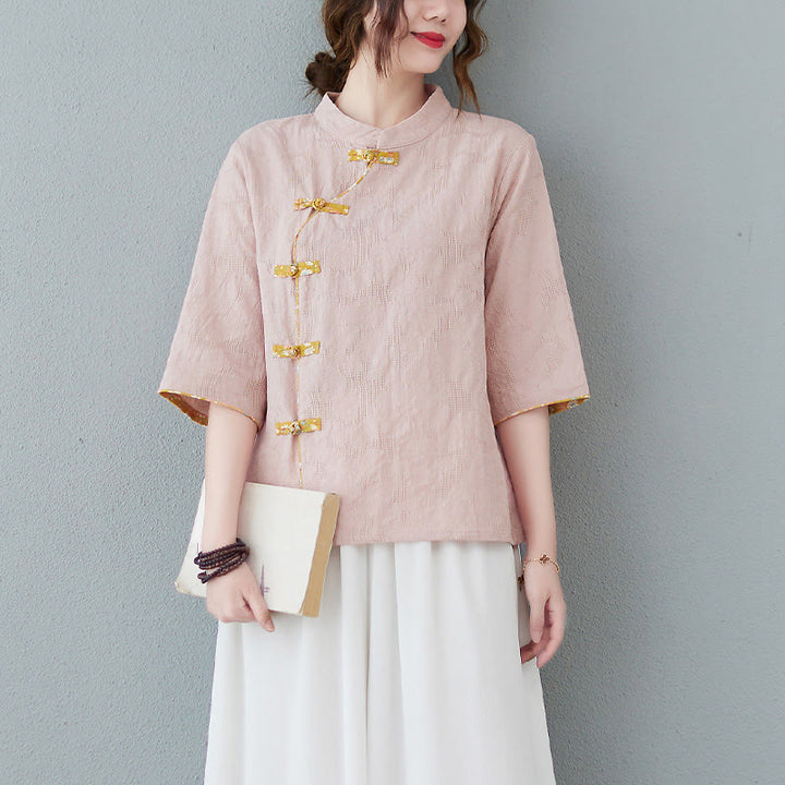 Chemise en coton et lin à manches mi-longues et boutons grenouille à motif floral Buddha Stones - Rose clair - 2XL(convient aux tailles US8-10 ; UK/AU12-14 ; EU40-42) - image 0