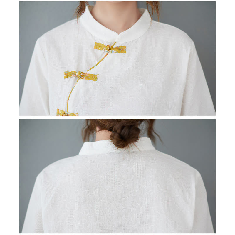 Chemise en coton et lin à manches mi-longues et boutons grenouille à motif floral Buddha Stones - image 4