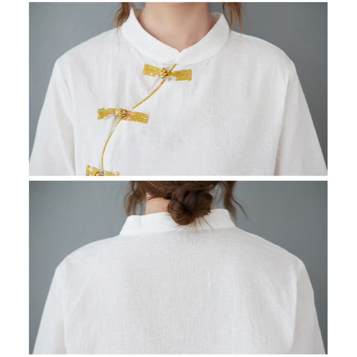 Chemise en coton et lin à manches mi-longues et boutons grenouille à motif floral Buddha Stones - image 4