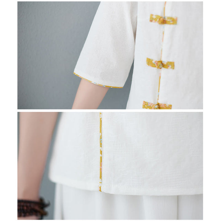 Chemise en coton et lin à manches mi-longues et boutons grenouille à motif floral Buddha Stones - image 5