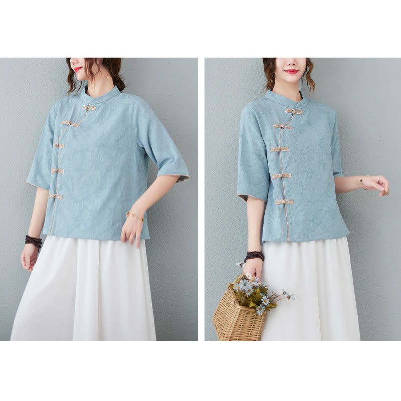 Chemise en coton et lin à manches mi-longues et boutons grenouille à motif floral Buddha Stones - image 9