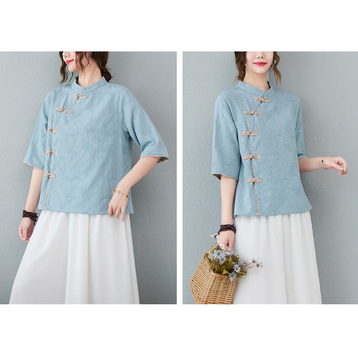 Chemise en coton et lin à manches mi-longues et boutons grenouille à motif floral Buddha Stones - image 9