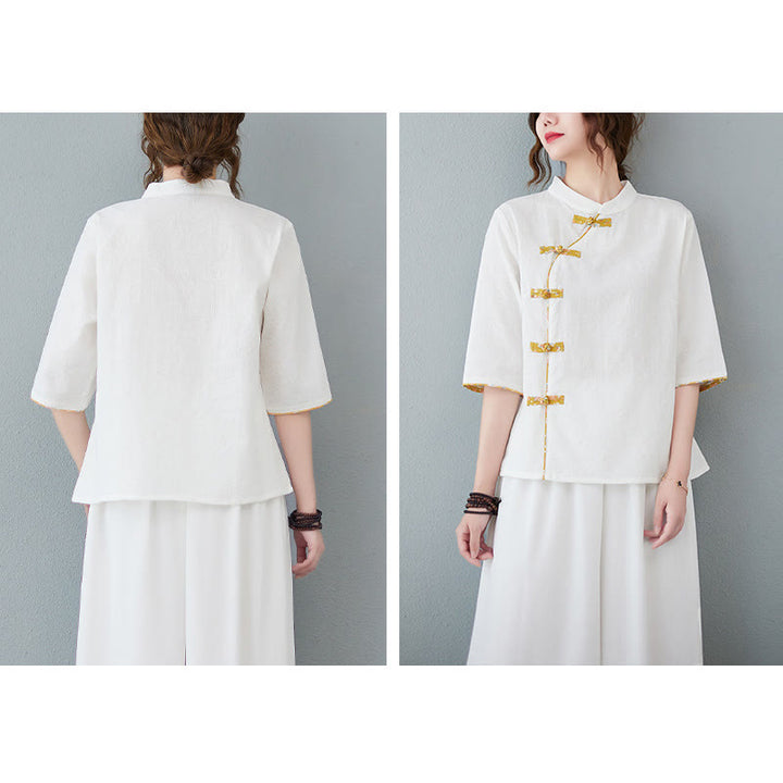 Chemise en coton et lin à manches mi-longues et boutons grenouille à motif floral Buddha Stones - image 6