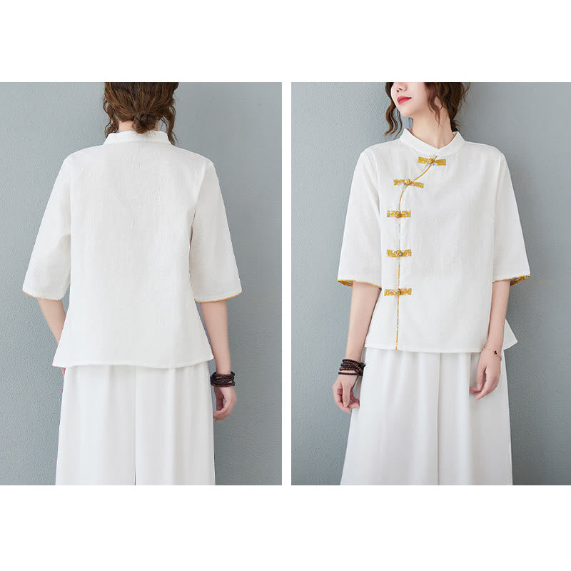 Chemise en coton et lin à manches mi-longues et boutons grenouille à motif floral Buddha Stones - image 6