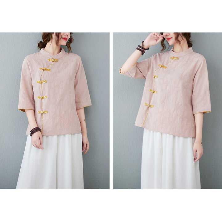 Chemise en coton et lin à manches mi-longues et boutons grenouille à motif floral Buddha Stones - image 1