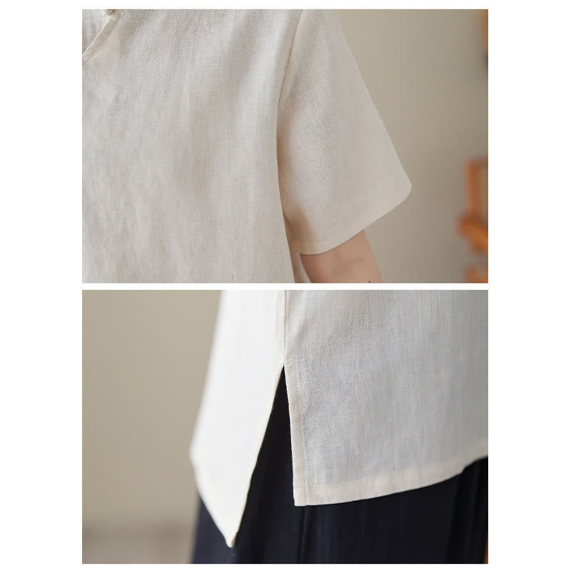 Chemise en coton et lin à manches courtes et boutons grenouille de couleur unie Buddha Stones - image 5