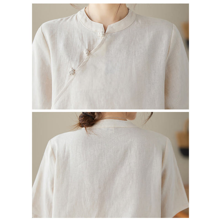 Chemise en coton et lin à manches courtes et boutons grenouille de couleur unie Buddha Stones - image 4