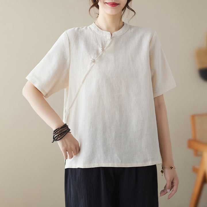 Chemise en coton et lin à manches courtes et boutons grenouille de couleur unie Buddha Stones - Blanc - 2XL(convient aux tailles US8-10 ; UK/AU12-14 ; EU40-42) - image 0