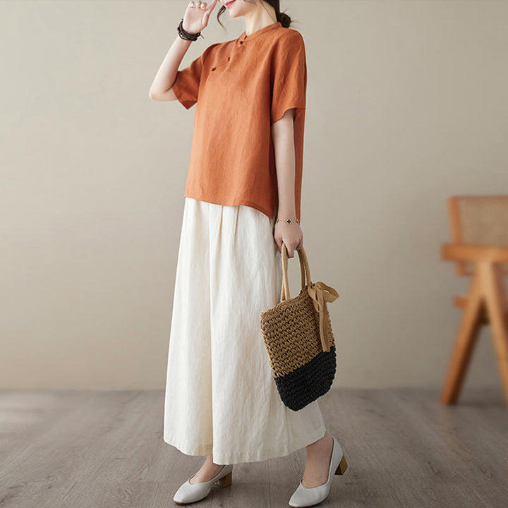 Chemise en coton et lin à manches courtes et boutons grenouille de couleur unie Buddha Stones - image 10