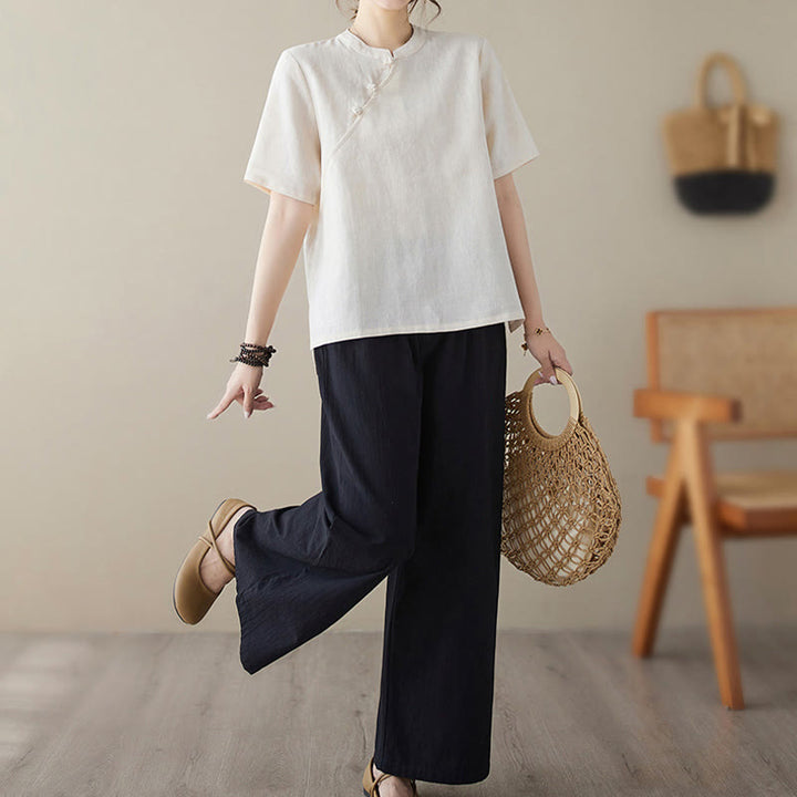 Chemise en coton et lin à manches courtes et boutons grenouille de couleur unie Buddha Stones - image 6