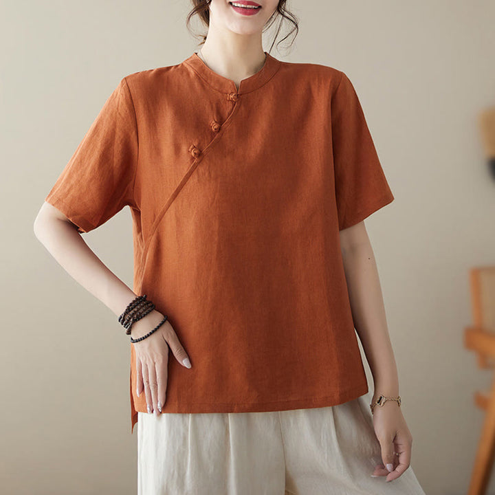 Chemise en coton et lin à manches courtes et boutons grenouille de couleur unie Buddha Stones - Orange - 2XL(convient aux tailles US8-10 ; UK/AU12-14 ; EU40-42) - image 7