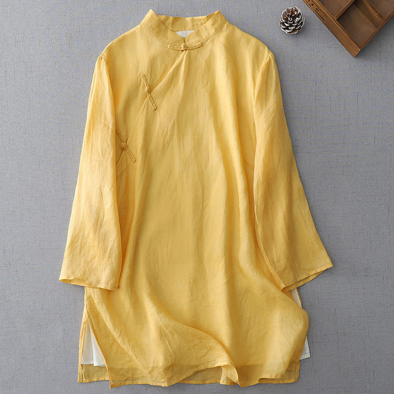 Chemise à manches trois-quarts double épaisseur, couleur unie, à boutons grenouille, Buddha Stones - LemonChiffon - US8-10，UK/AU12-14，EU40-42 (2XL) - image 5