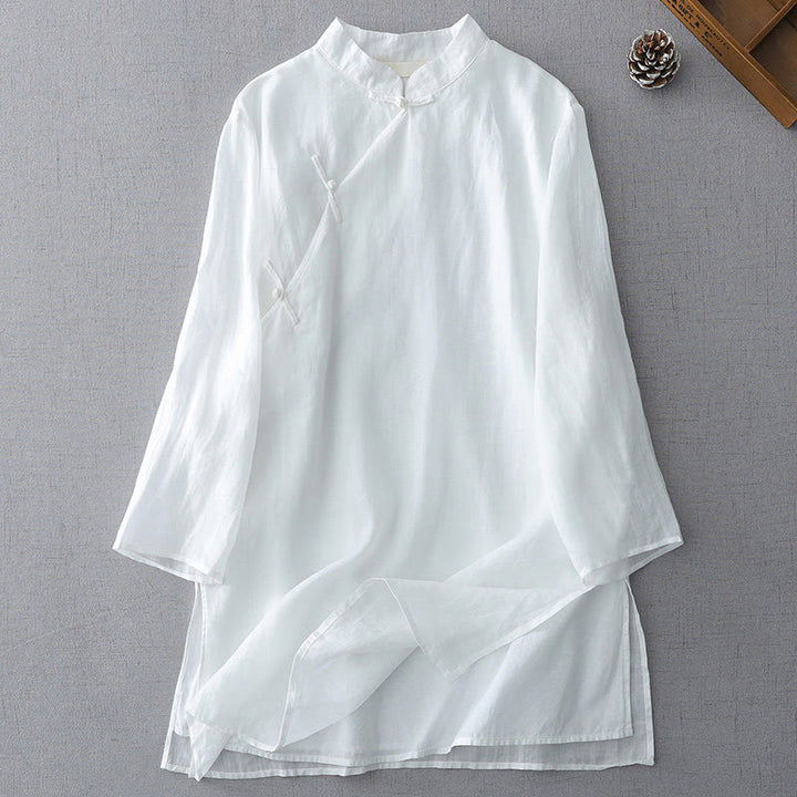 Chemise en coton et lin à double épaisseur et manches trois-quarts avec boutons grenouille et Buddha Stones - Blanc - US8-10，UK/AU12-14，EU40-42 (2XL) - image 2