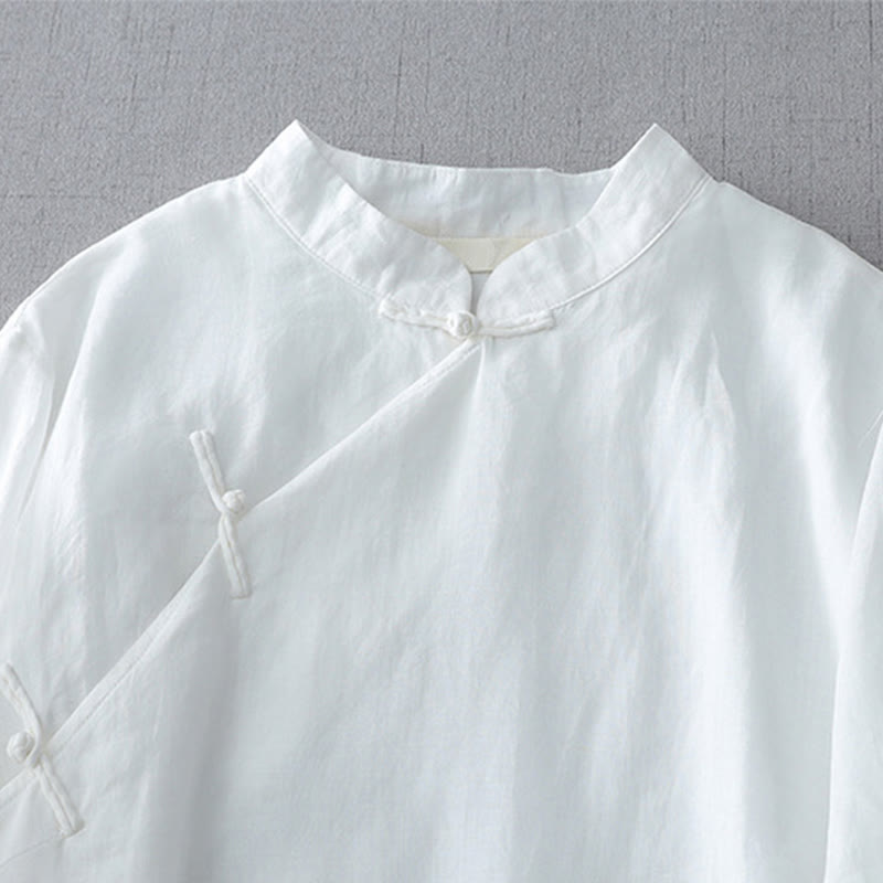 Chemise en coton et lin à double épaisseur et manches trois-quarts avec boutons grenouille et Buddha Stones - image 3