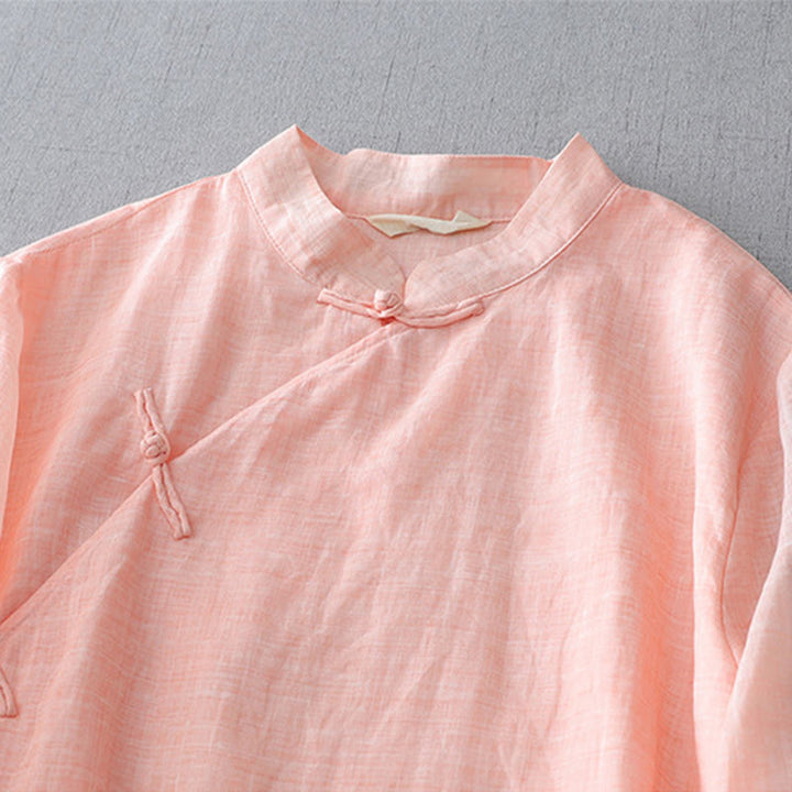 Chemise en coton et lin à double épaisseur et manches trois-quarts avec boutons grenouille et Buddha Stones - image 19