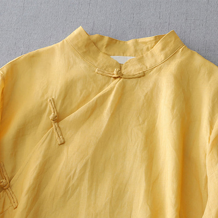 Chemise en coton et lin à double épaisseur et manches trois-quarts avec boutons grenouille et Buddha Stones - image 7