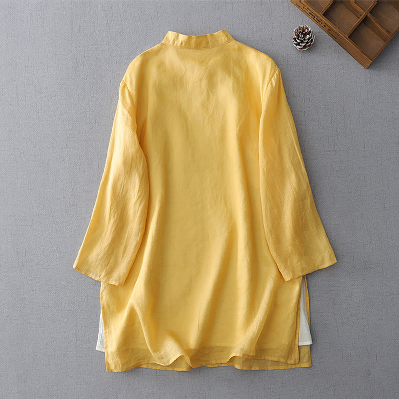 Chemise en coton et lin à double épaisseur et manches trois-quarts avec boutons grenouille et Buddha Stones - image 8
