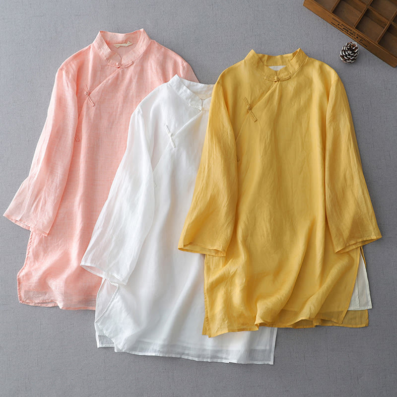 Chemise en coton et lin à double épaisseur et manches trois-quarts avec boutons grenouille et Buddha Stones - image 0