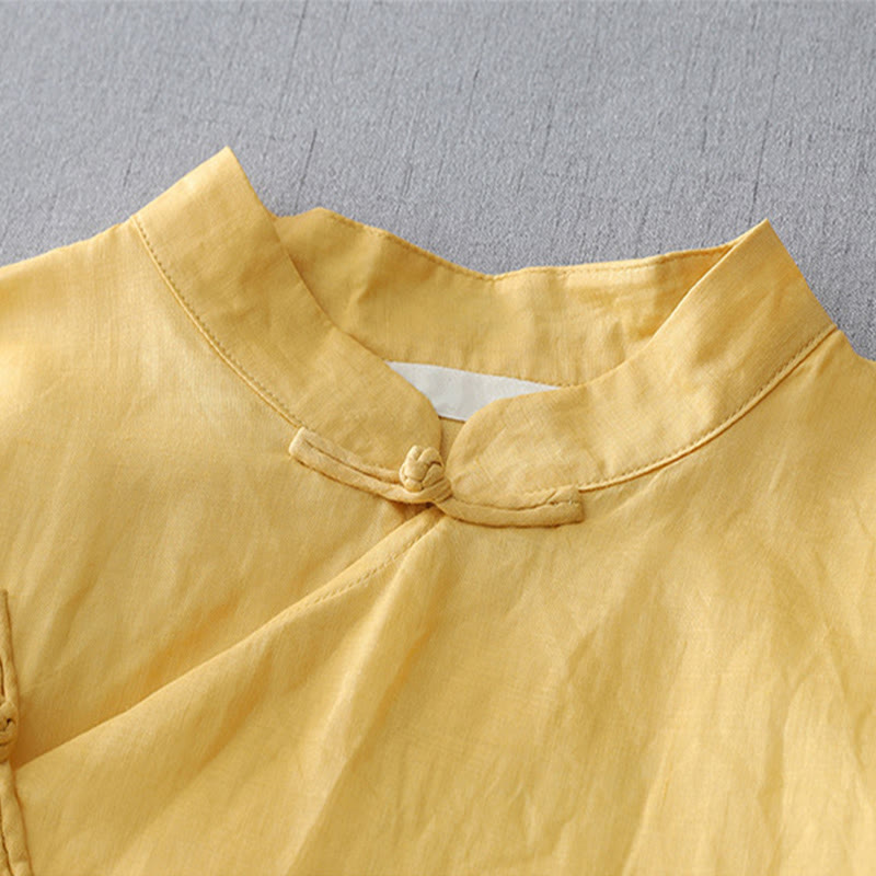 Chemise en coton et lin à double épaisseur et manches trois-quarts avec boutons grenouille et Buddha Stones - image 9