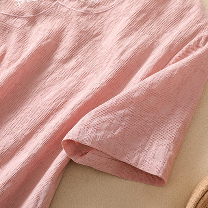 Chemise en coton et lin à manches courtes avec broderie de fleurs de prunier et Buddha Stones - image 8