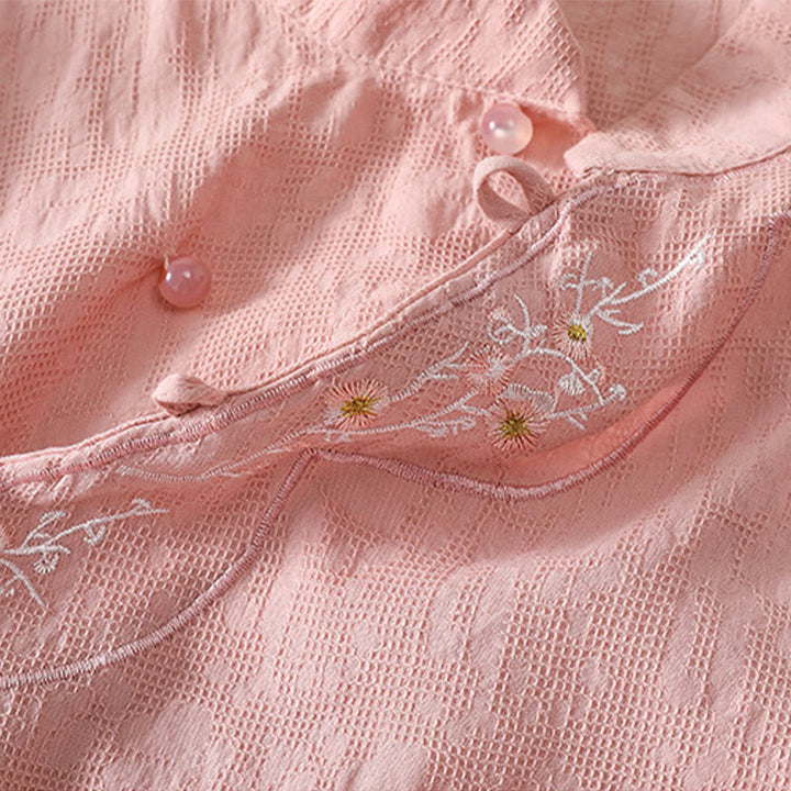 Chemise en coton et lin à manches courtes avec broderie de fleurs de prunier et Buddha Stones - image 7