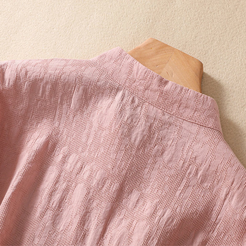 Chemise en coton et lin à manches courtes avec broderie de fleurs de prunier et Buddha Stones - image 4