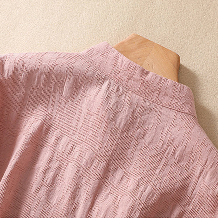 Chemise en coton et lin à manches courtes avec broderie de fleurs de prunier et Buddha Stones - image 4