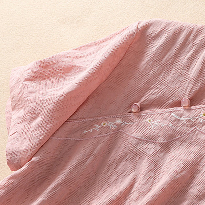 Chemise en coton et lin à manches courtes avec broderie de fleurs de prunier et Buddha Stones - image 5