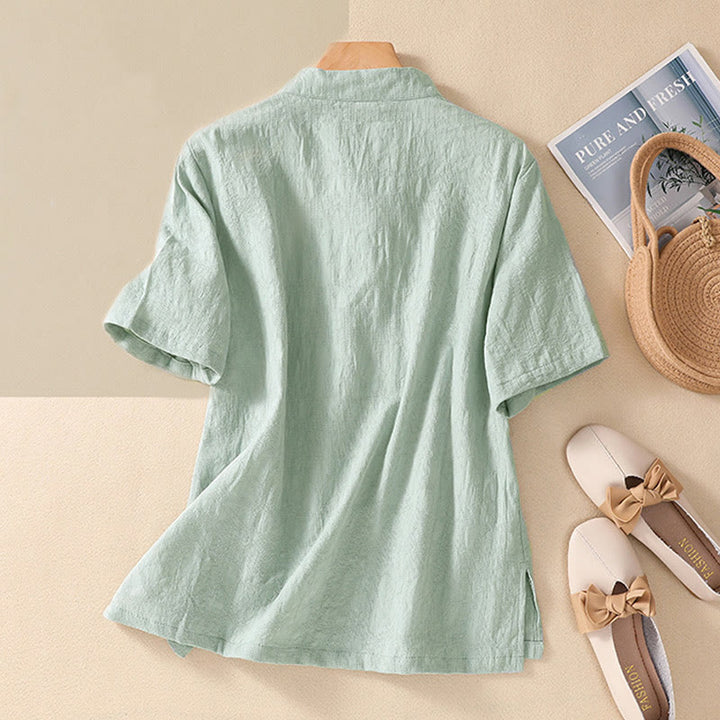 Chemise en coton et lin à manches courtes avec broderie de fleurs de prunier et Buddha Stones - image 13