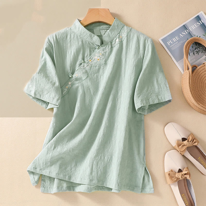 Chemise en coton et lin à manches courtes avec broderie de fleurs de prunier et Buddha Stones - Melon miellat - 2XL(Convient aux tailles US 8-10 ; UK/AU 12-14 ; EU 40-42) - image 12