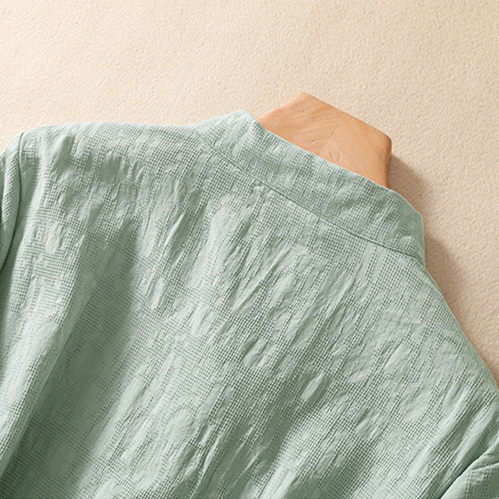 Chemise en coton et lin à manches courtes avec broderie de fleurs de prunier et Buddha Stones - image 15