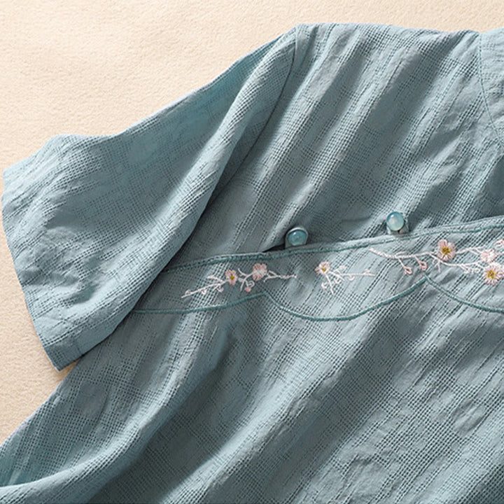 Chemise en coton et lin à manches courtes avec broderie de fleurs de prunier et Buddha Stones - image 22