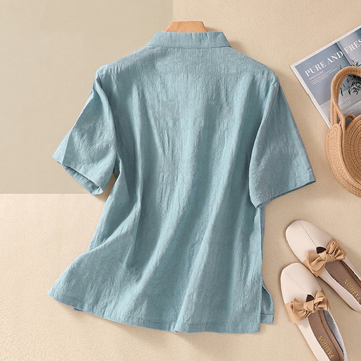 Chemise en coton et lin à manches courtes avec broderie de fleurs de prunier et Buddha Stones - image 19