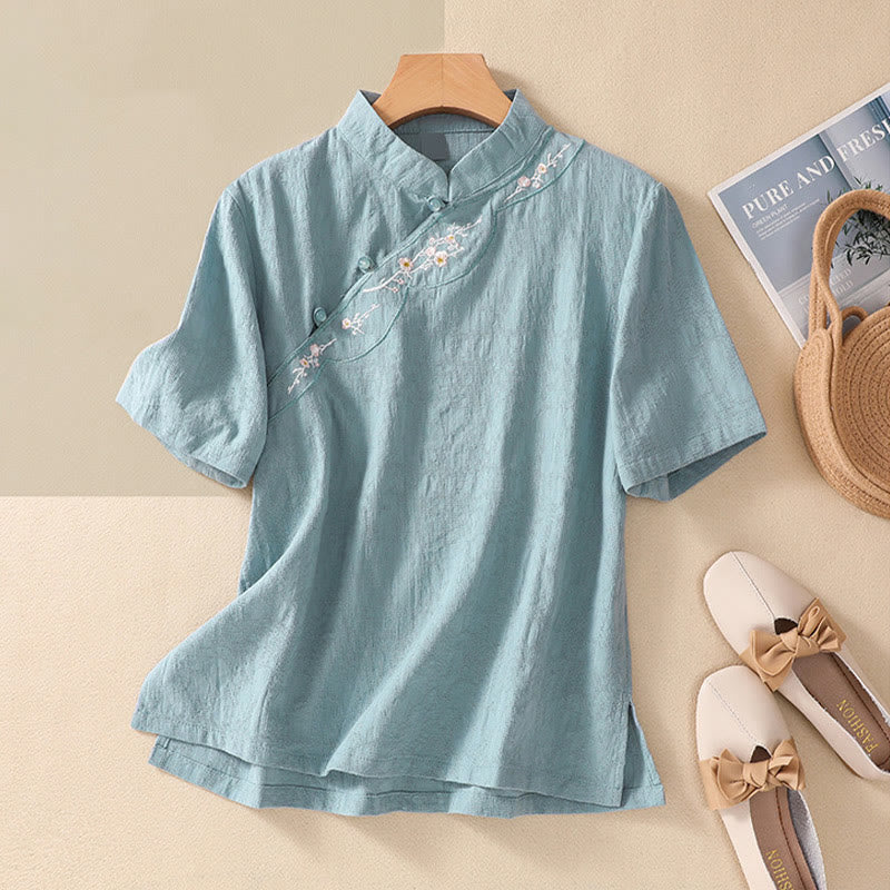 Chemise en coton et lin à manches courtes avec broderie de fleurs de prunier et Buddha Stones - Turquoise - 2XL(convient aux tailles US8-10 ; UK/AU12-14 ; EU40-42) - image 18