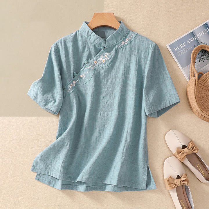 Chemise en coton et lin à manches courtes avec broderie de fleurs de prunier et Buddha Stones - Turquoise - 2XL(convient aux tailles US8-10 ; UK/AU12-14 ; EU40-42) - image 18