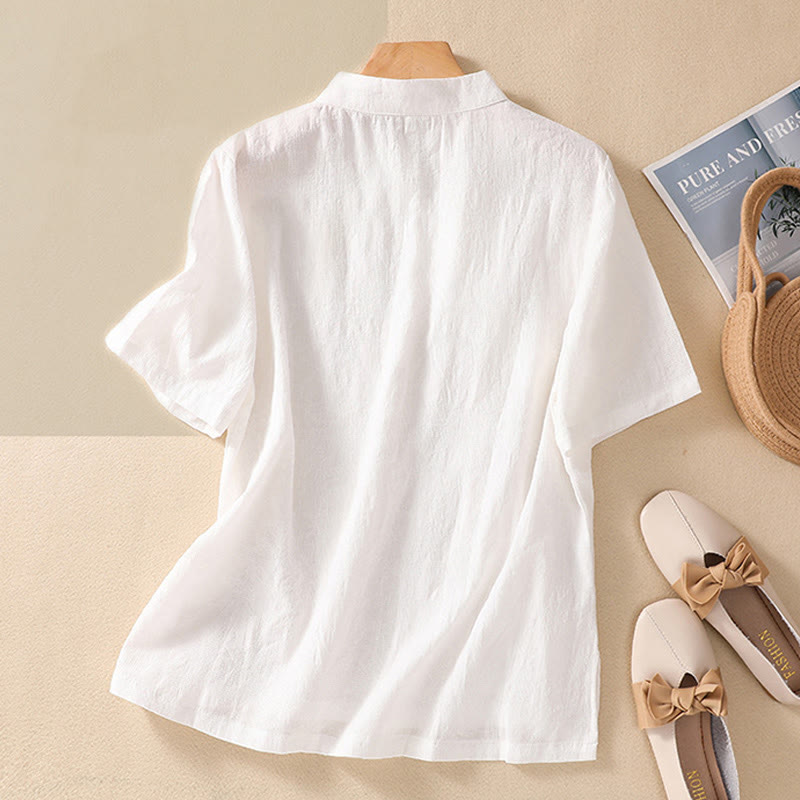 Chemise en coton et lin à manches courtes avec broderie de fleurs de prunier et Buddha Stones - image 25