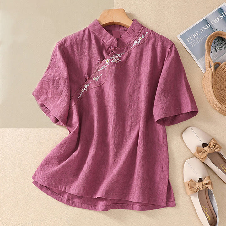 Chemise en coton et lin à manches courtes avec broderie de fleurs de prunier et Buddha Stones - Violet pâle Rouge - 2XL(convient aux tailles US8-10 ; UK/AU12-14 ; EU40-42) - image 33