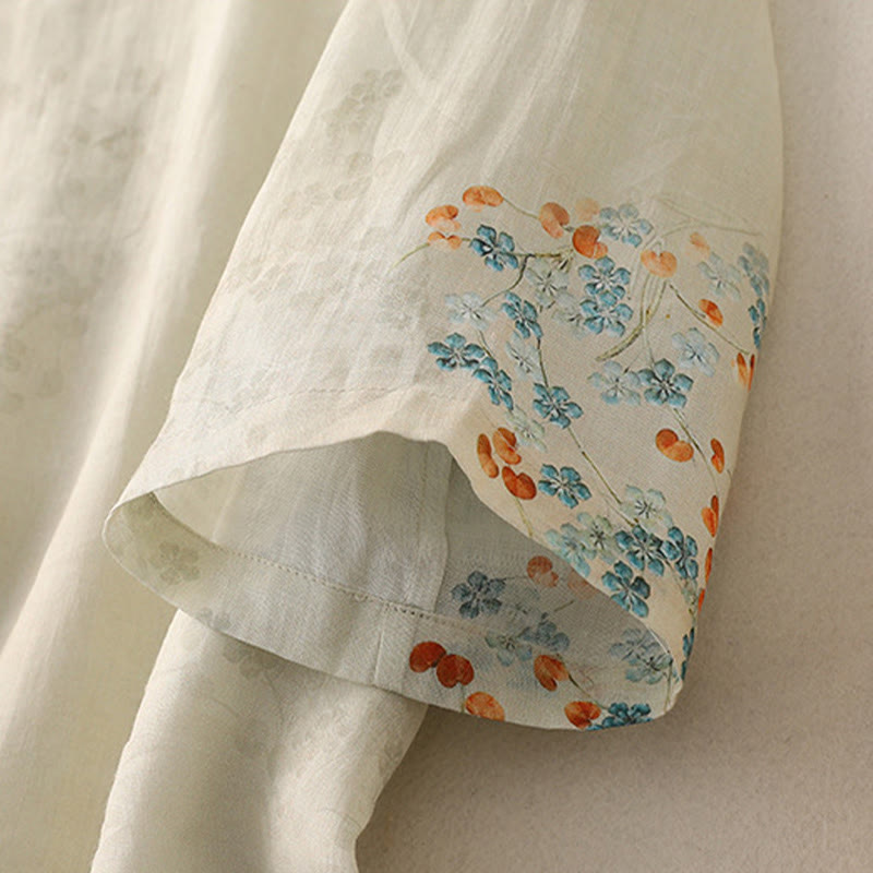 Chemise à manches trois-quarts à boutons grenouille, Buddha Stones , fleurs bleues et feuilles orange - image 9