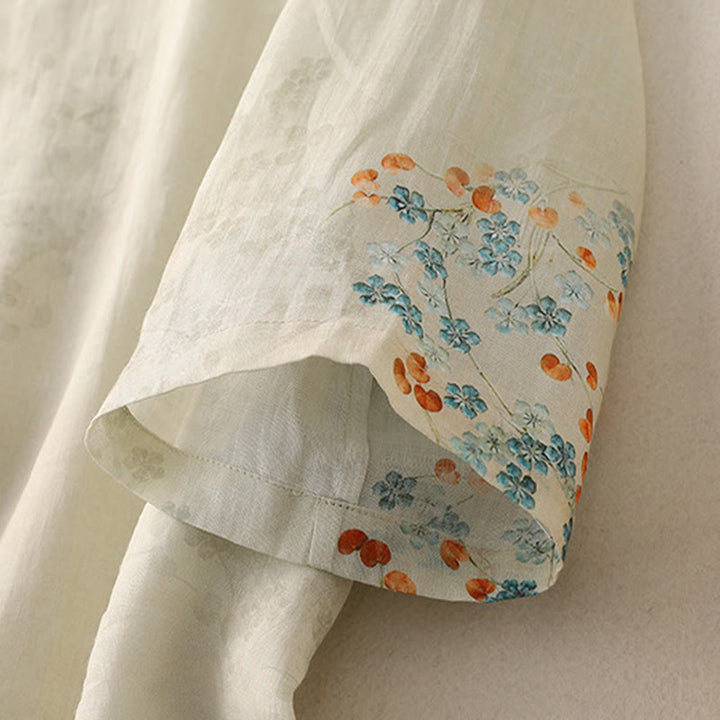 Chemise en coton et lin à manches trois-quarts et boutons de grenouille Buddha Stones, fleurs bleues et feuilles orange - image 10